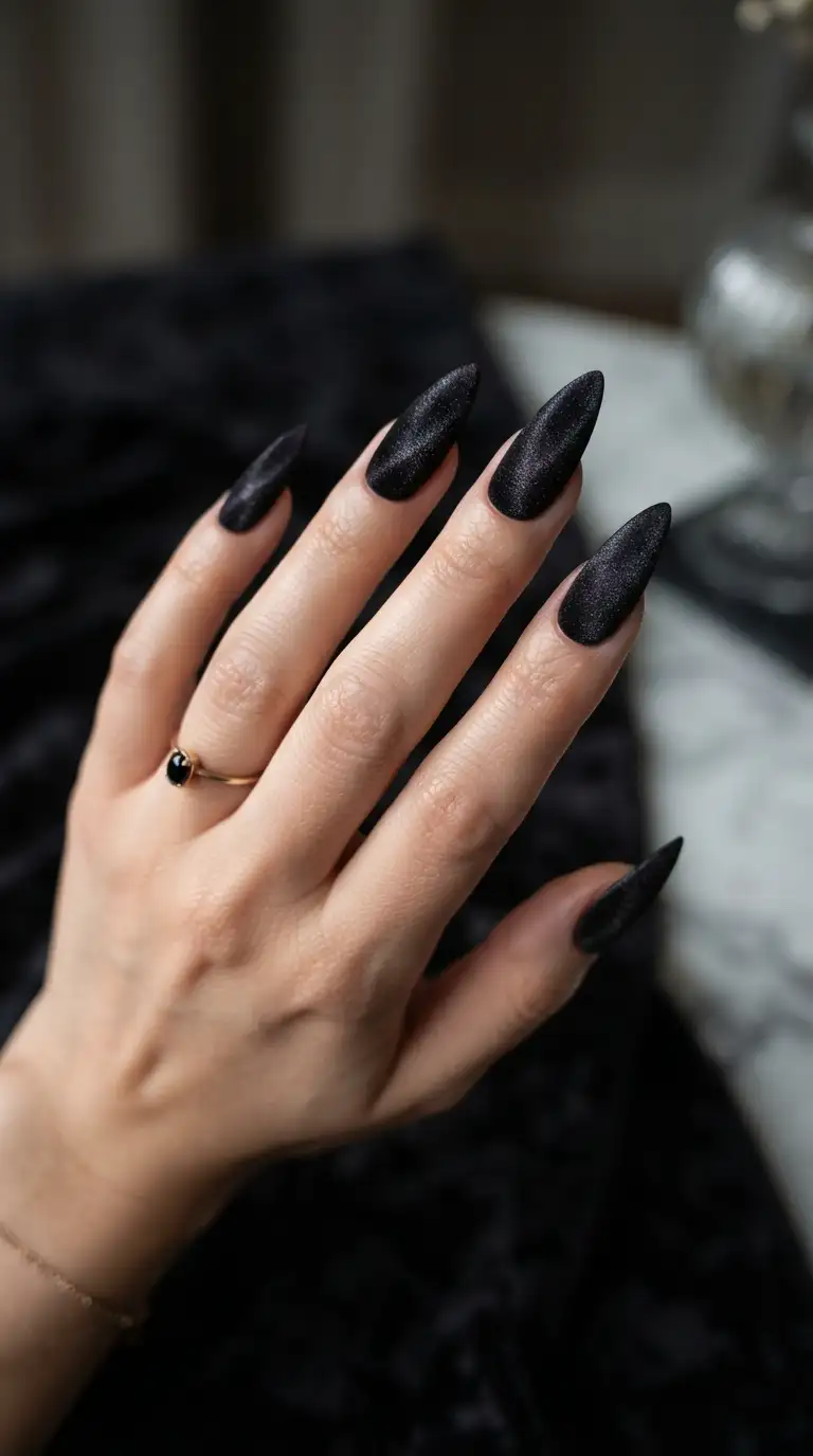 Black stiletto nails with magnetic velvet cat-eye finish