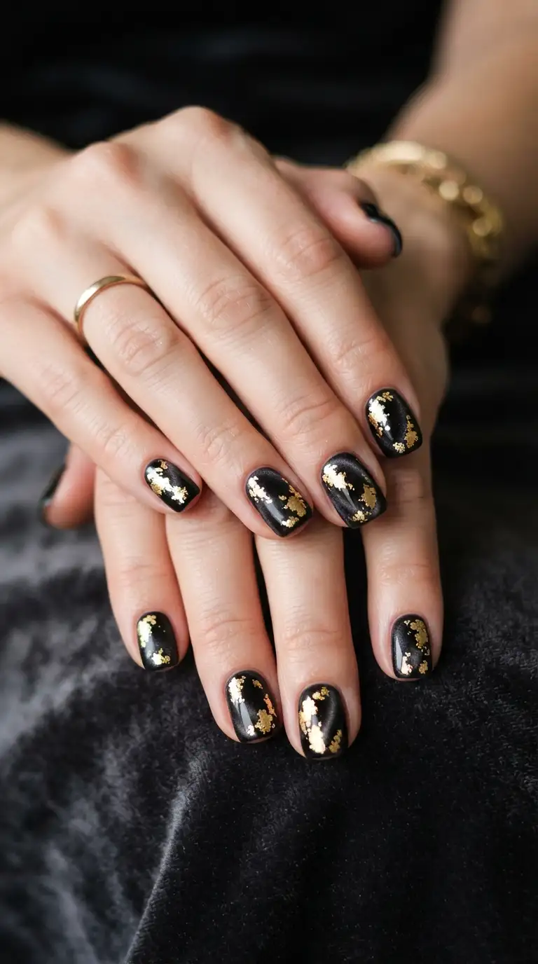 Black velvet nails with gold foil flecks