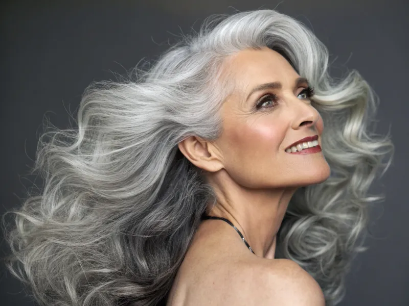Silver bouncy blowout hairstyle with layered ends