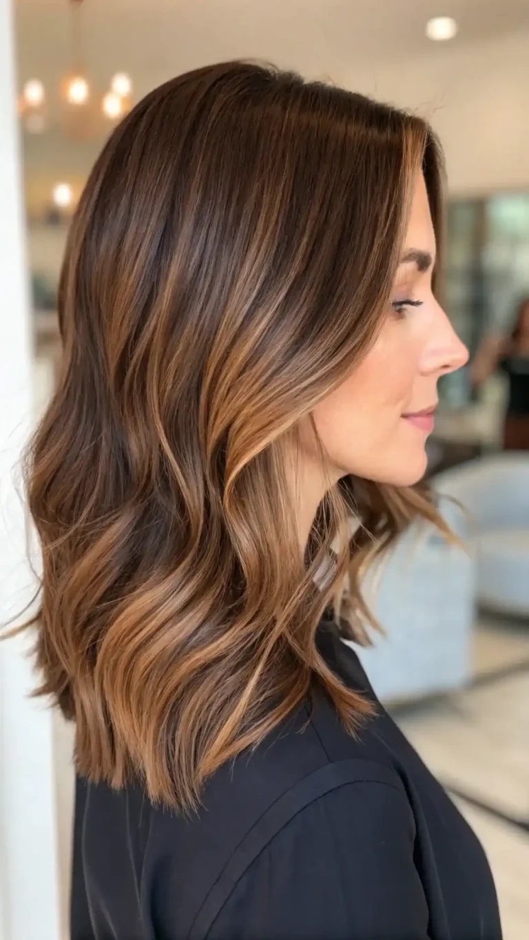 Caramel ribbon highlights on medium brown wavy hair