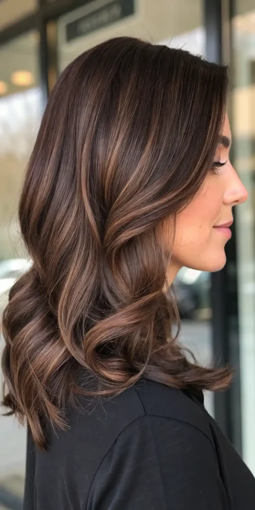 Deep walnut brown hair with toasted hazel highlights