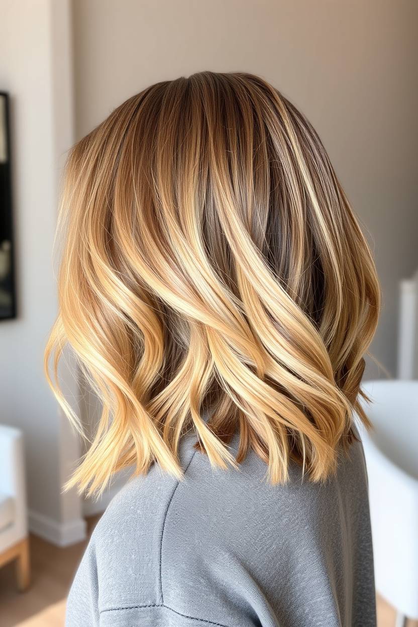 Wavy lob in butterscotch blonde with warm golden tones