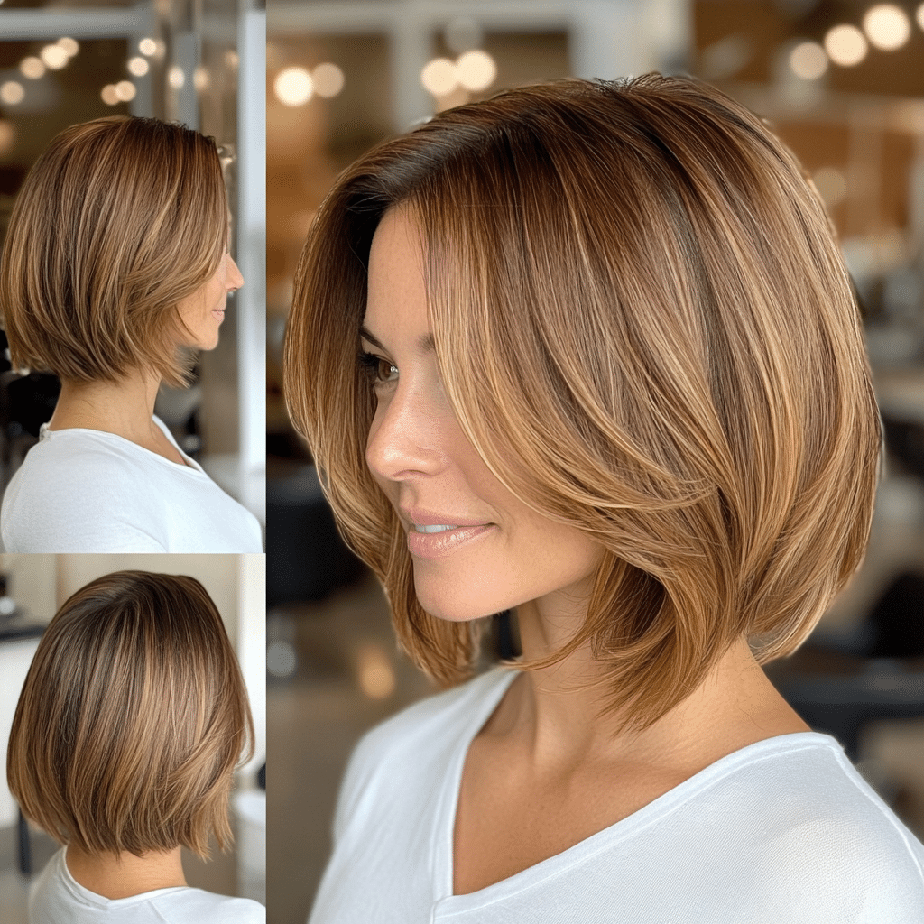 Chestnut brown long bob with curtain bangs