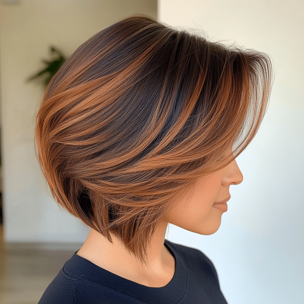 Chestnut brown bob with caramel highlight ribbons