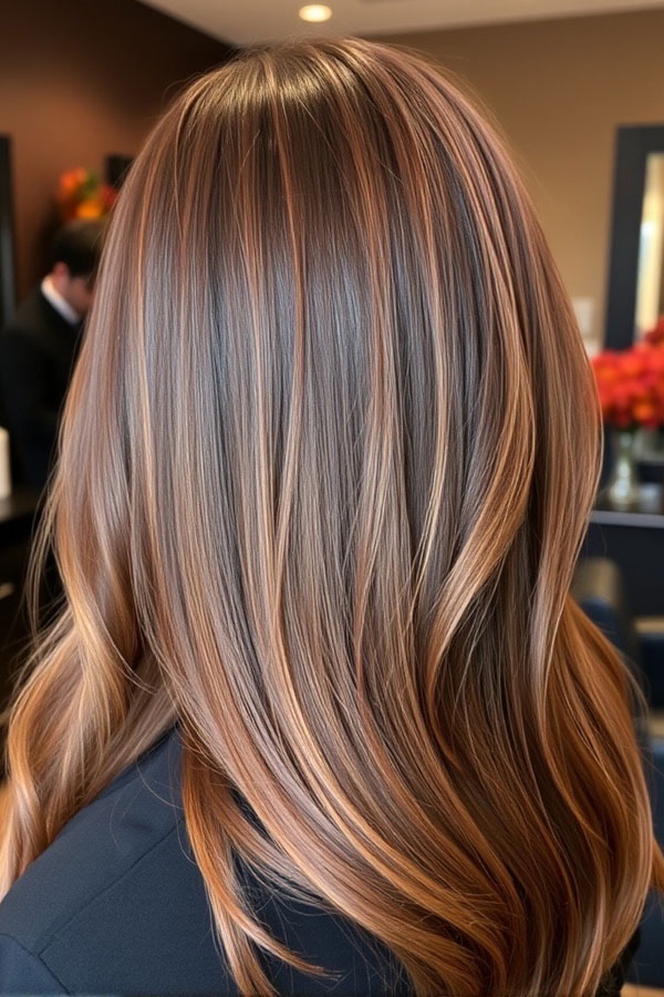 Dark cinnamon balayage with warm dimension on long waves