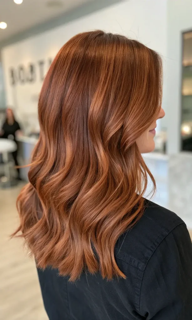 Side view of medium-length wavy copper balayage hair on a brunette base in a salon
