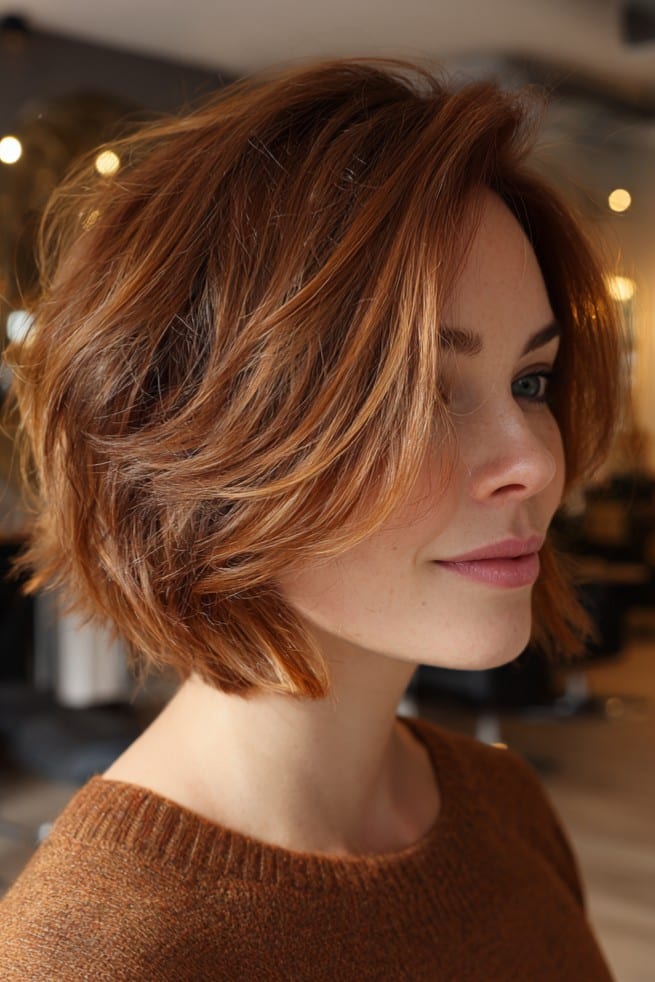 Warm copper layered bob with side-swept bangs