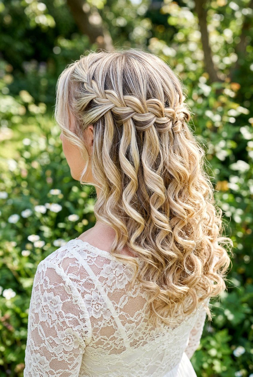 Blonde waterfall braid flowing into long curls