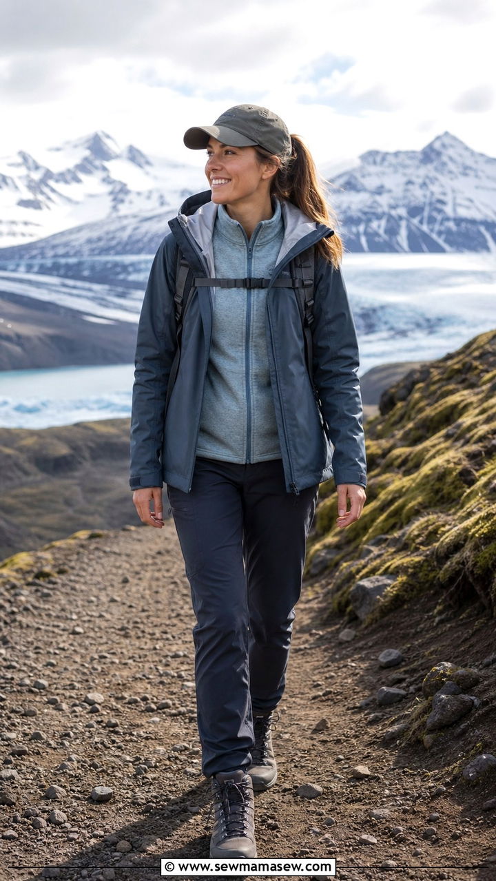 Woman wearing a waterproof shell jacket with hiking pants near a waterfall