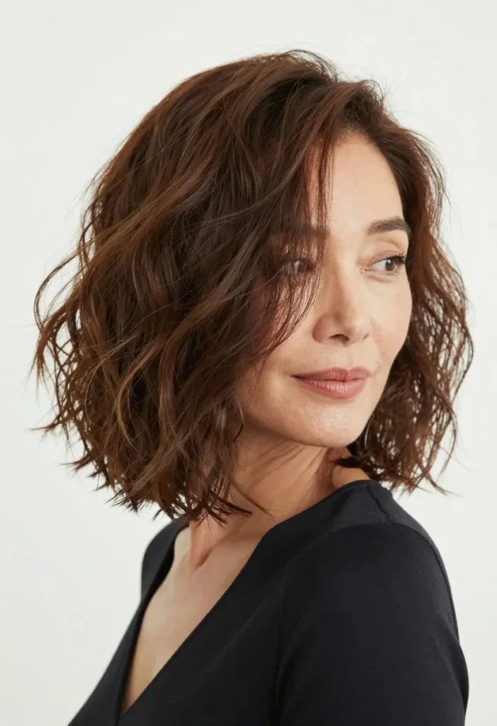 Wavy lob haircut with a deep side part