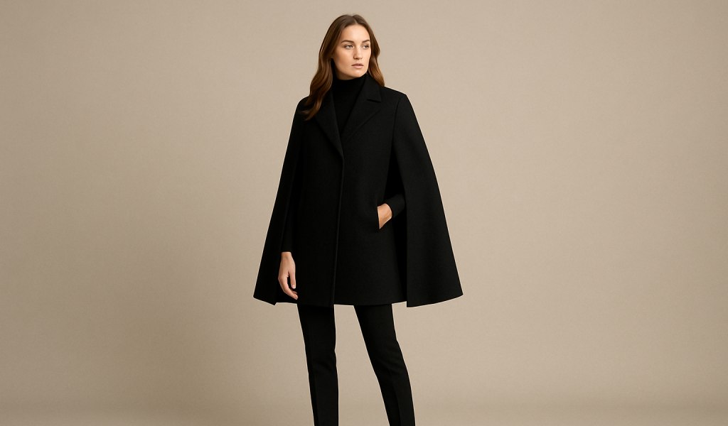 Woman wearing a black cape coat over a black turtleneck and slim black pants