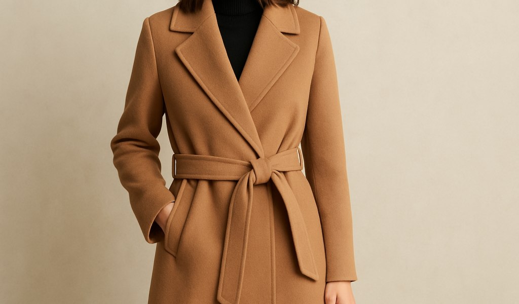 Close-up of a camel belted wrap coat with a tied waist belt