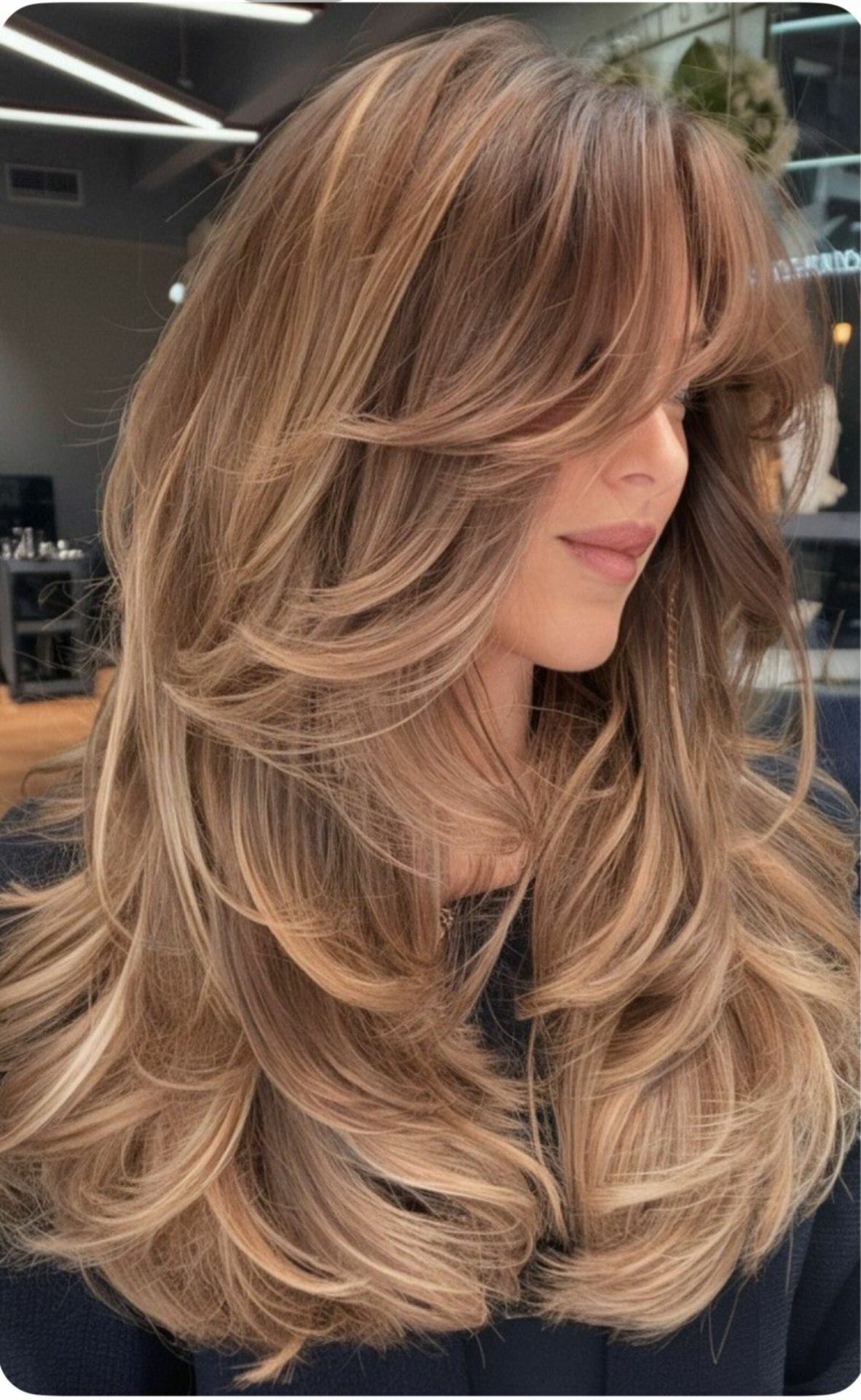 Mid-length hair with curtain bangs in a bouncy salon blowout