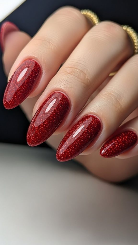 Almond nails in a sparkling ruby-red glitter polish with a glossy finish; real photography.