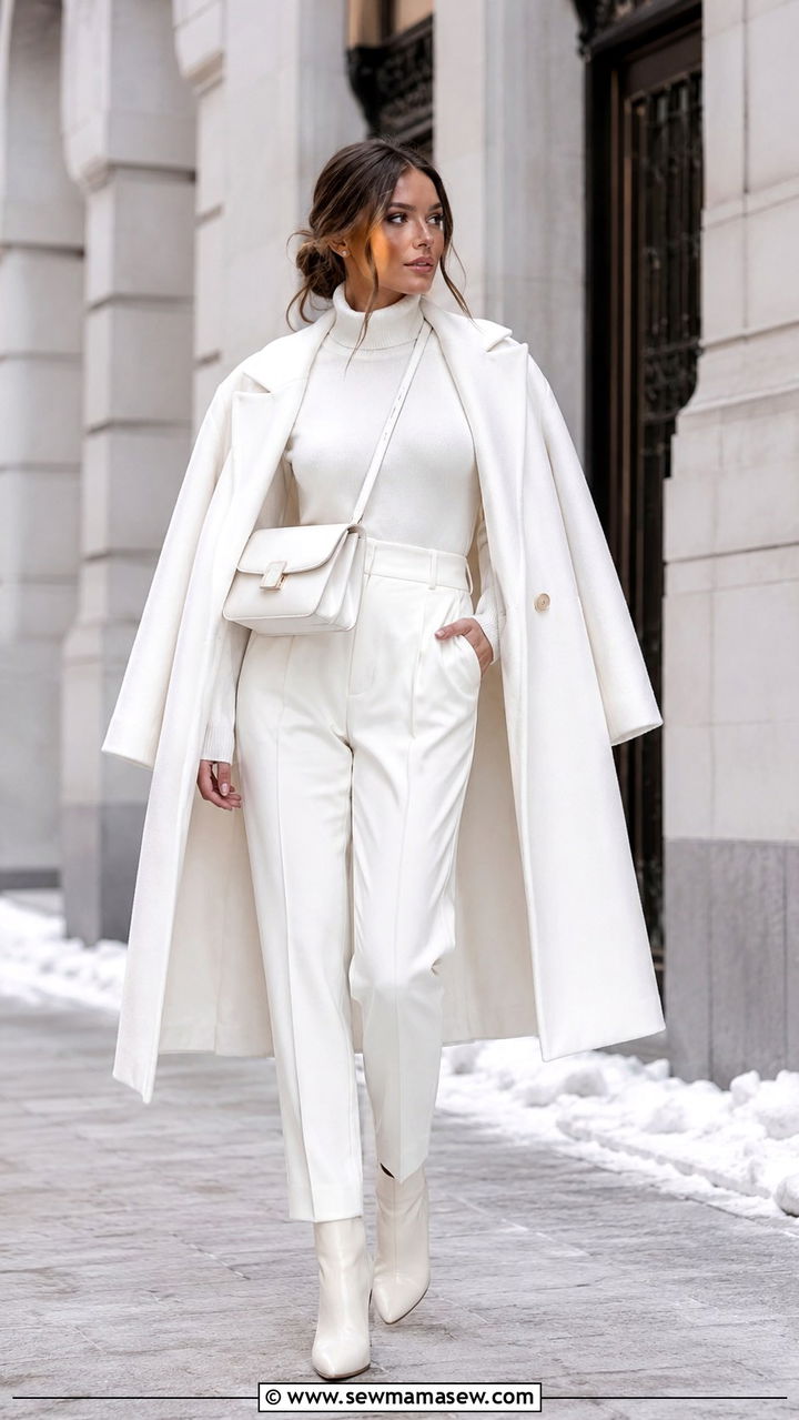 Woman wearing an all-white winter outfit with a cream coat, turtleneck, trousers and boots