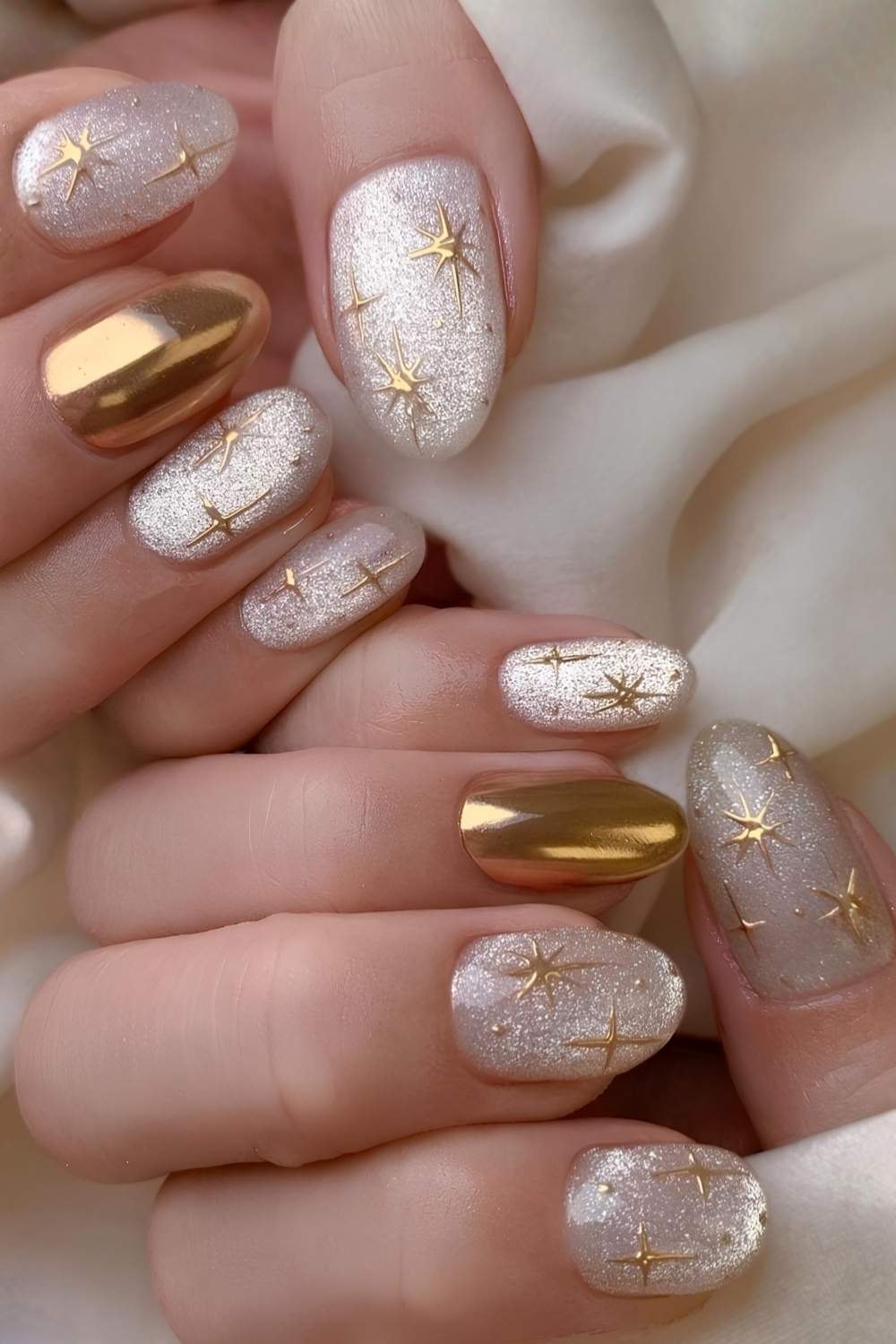Short oval nails with white glitter polish, gold starburst art, and two solid gold chrome accent nails