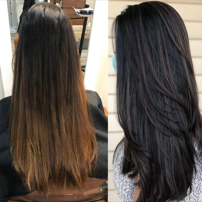 Jet black brown hair with glass shine