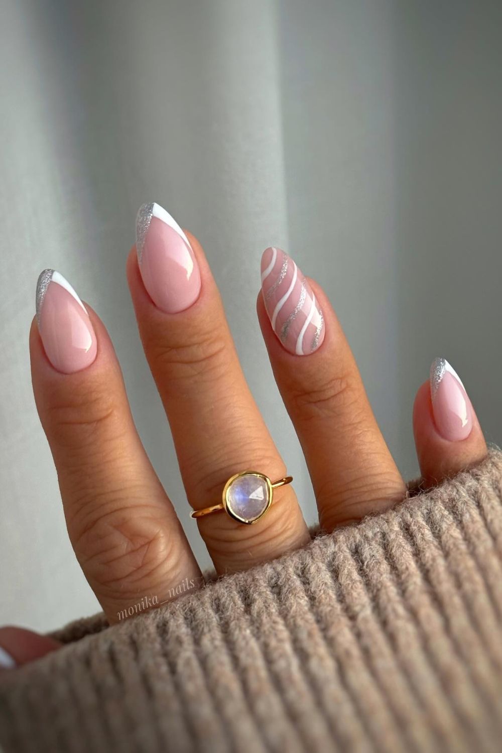 Almond nails in sheer caramel nude winter polish