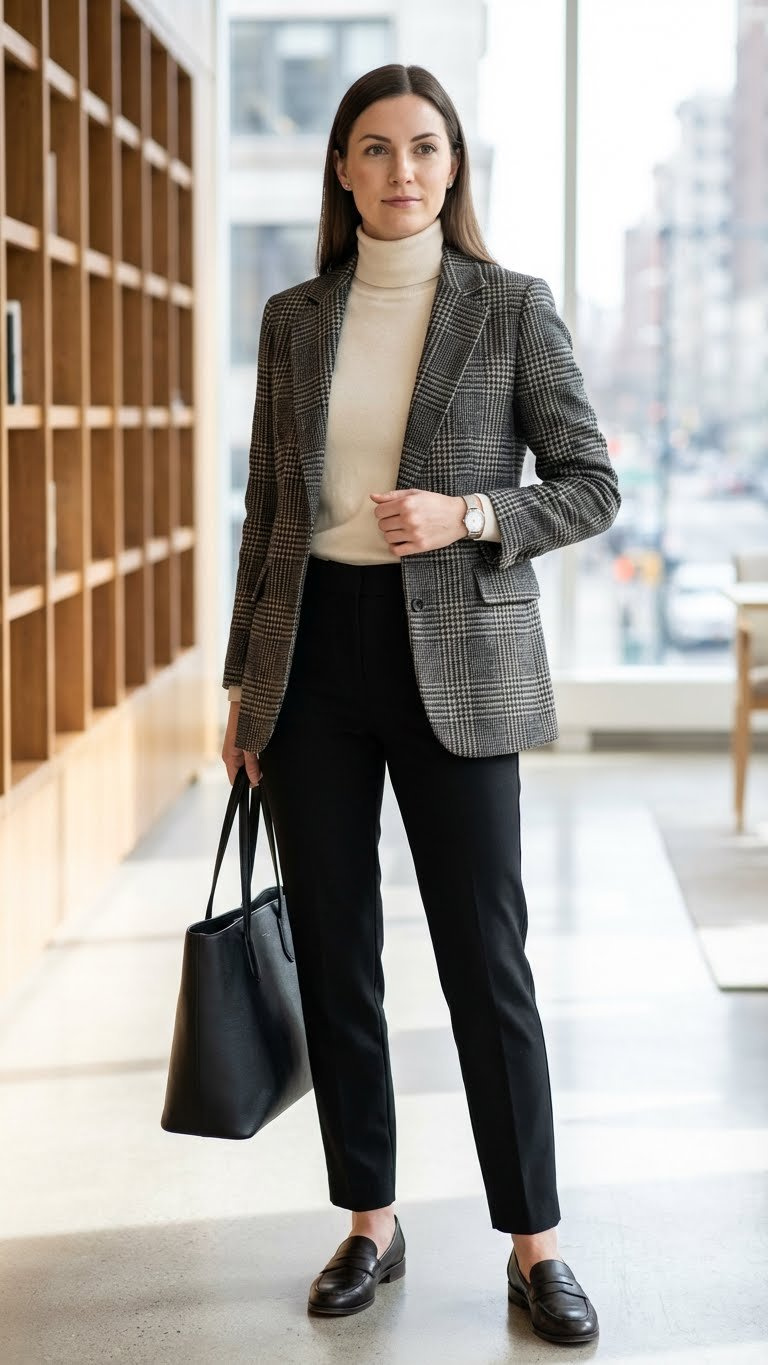 Woman in an office hallway wearing a grey plaid blazer, cream turtleneck, black tailored trousers and black loafers