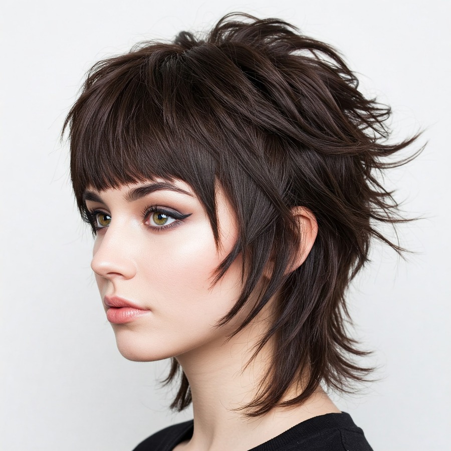 Short shaggy pixie-bob with choppy fringe in deep espresso brown