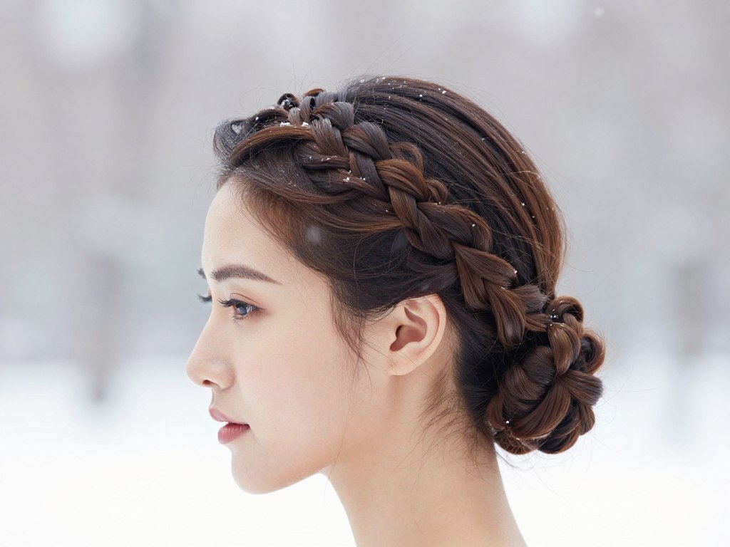 Halo crown braid ending in a low twisted bun in snow