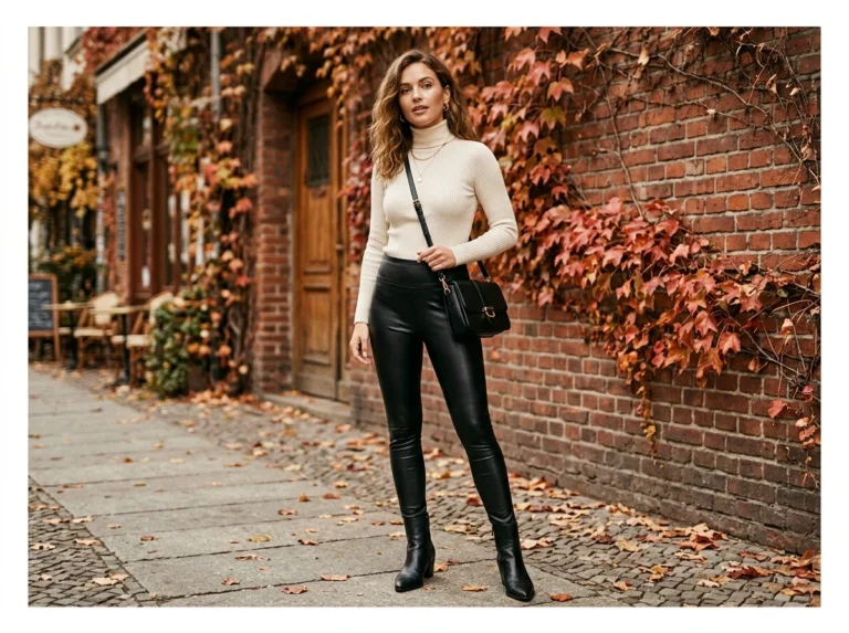 Woman in a cream fitted turtleneck with black faux-leather leggings and ankle boots