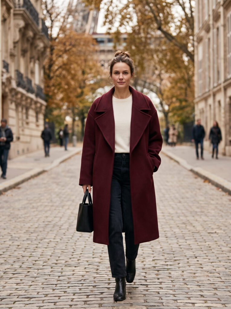 Woman wearing a burgundy wool coat over a black outfit