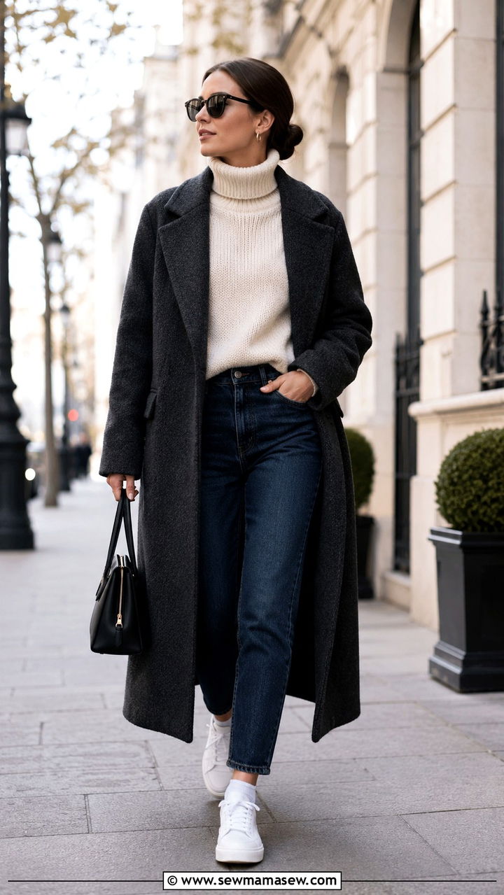 Woman in wool coat with mom jeans and white sneakers
