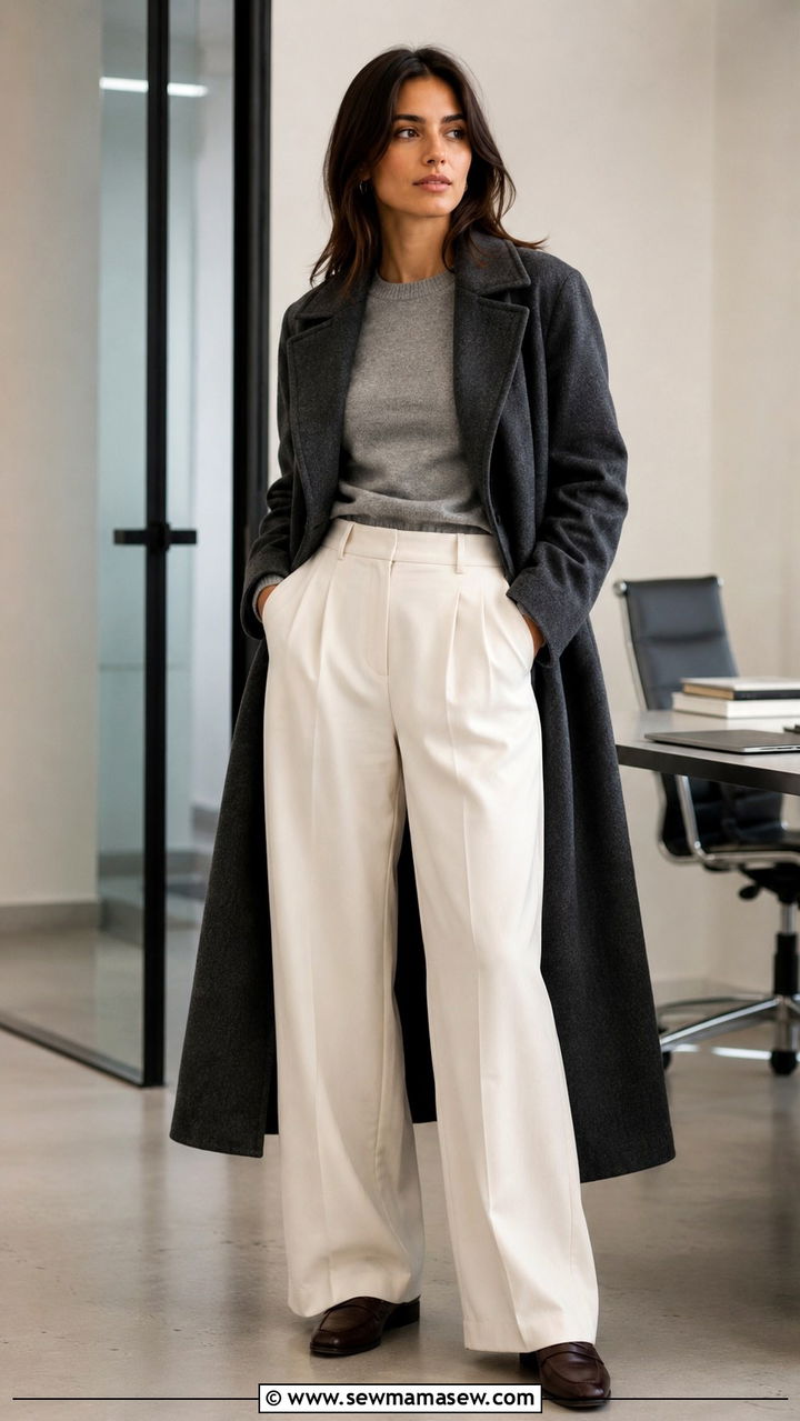 Woman in an office wearing a charcoal wool coat over a grey knit sweater, white wide-leg pleated trousers and brown loafers