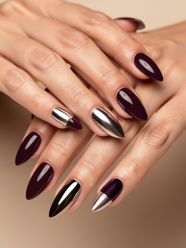 Plum with Silver Chrome Tips: deep plum almond nails with mirror-silver chrome tips