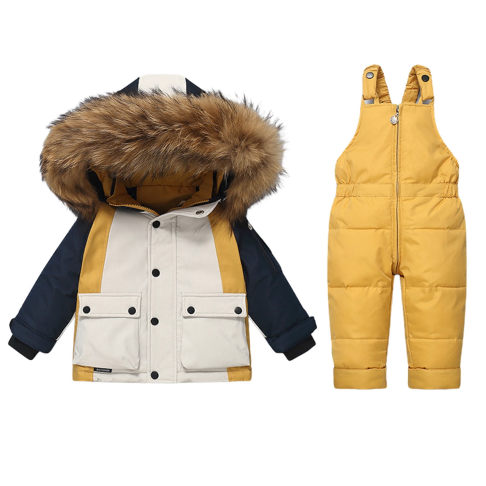 A toddler wearing a color-block snowsuit with bib pants