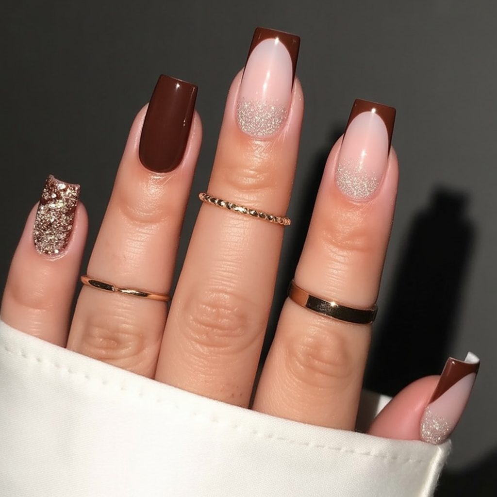 Chocolate Brown with Glitter French: long square nails in chocolate brown with glitter French tips