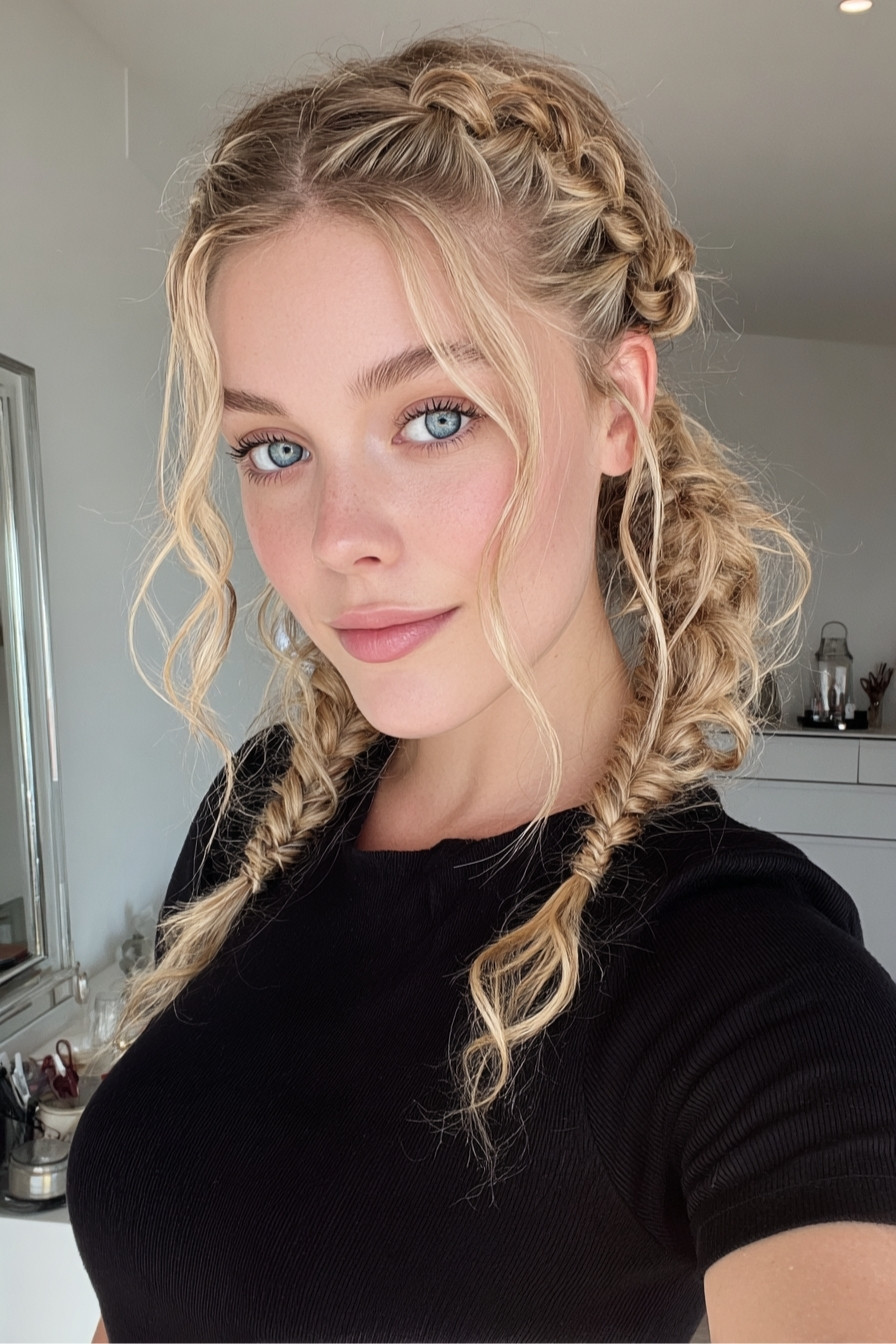 Double dutch braids worn as pigtails with curly face-framing pieces