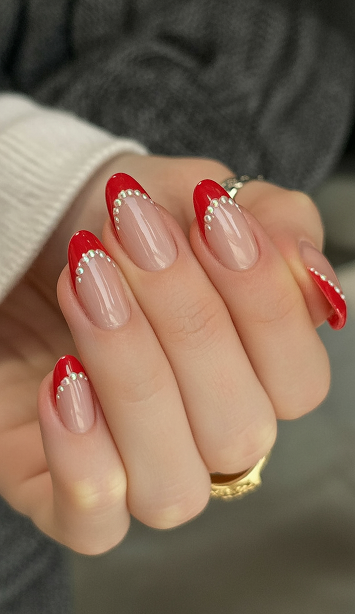 Sheer nude nails with a thin red french tip