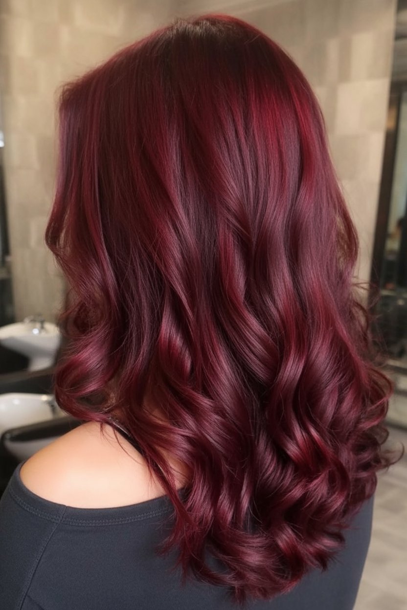 Layered burgundy blowout waves with shine