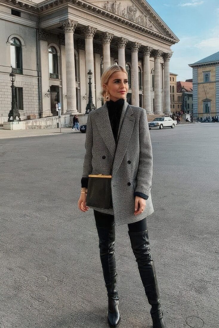 Grey oversized blazer with over-the-knee boots