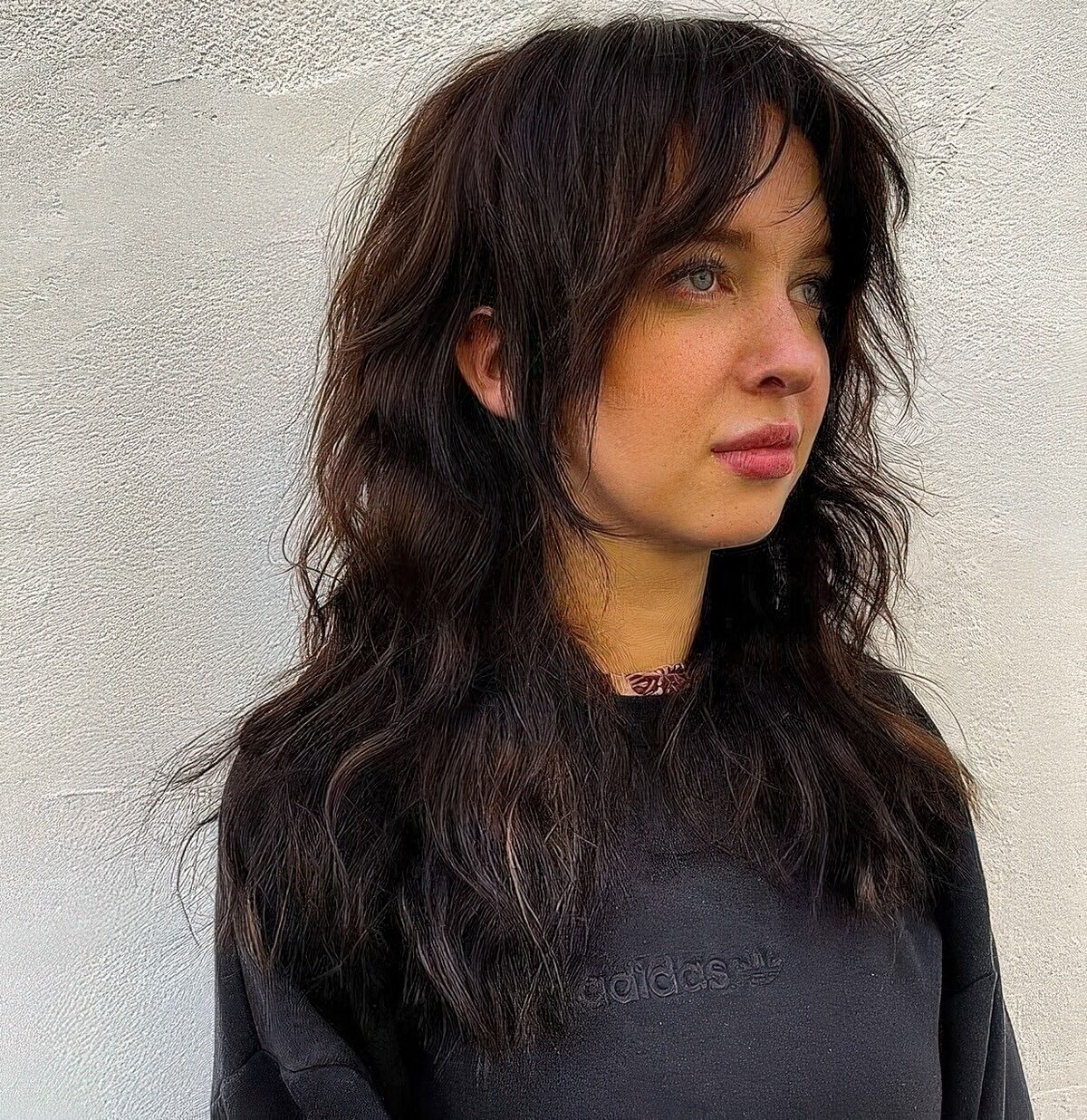 Dark brunette long wolf cut with curtain bangs and messy waves