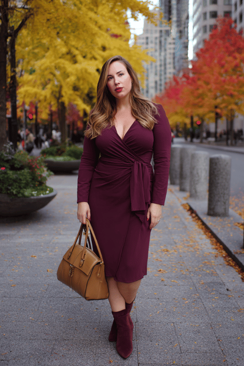 Woman in a deep burgundy wrap midi dress with long sleeves