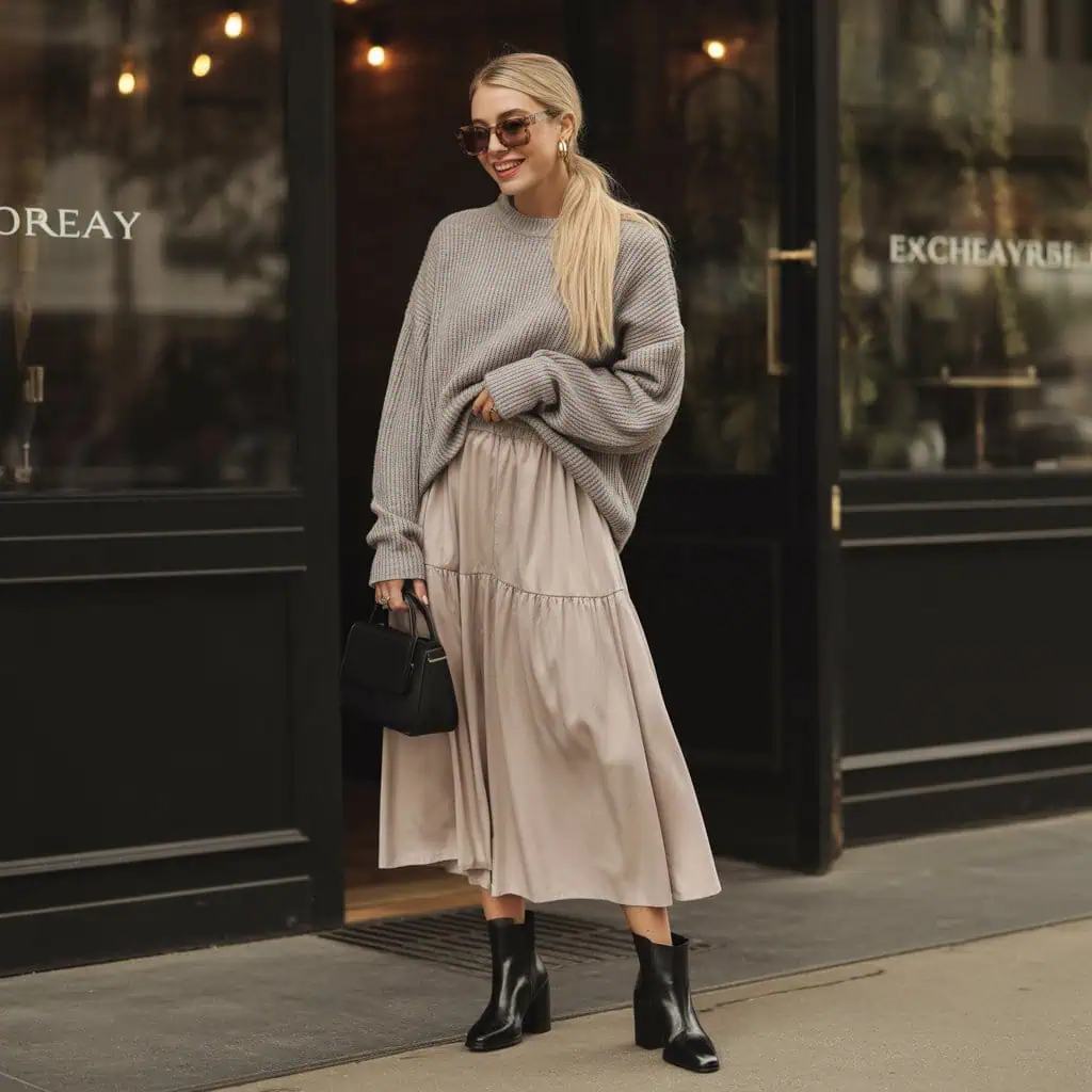 Woman wearing a tiered midi skirt with a chunky sweater and ankle boots
