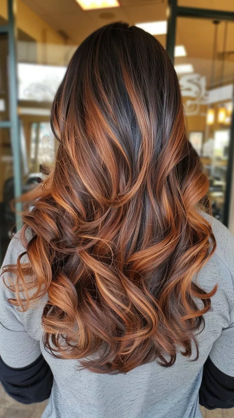 Copper balayage on dark brown hair