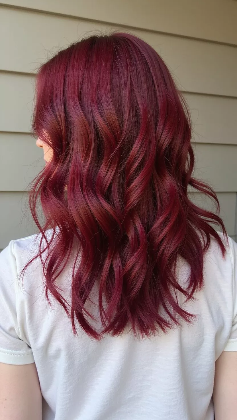 Shoulder-length wavy burgundy red hair, side view