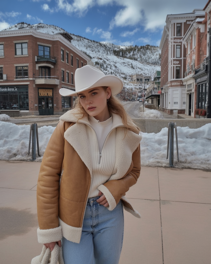 Woman in a white cowboy hat and tan shearling aviator jacket with jeans on a snowy mountain-town street