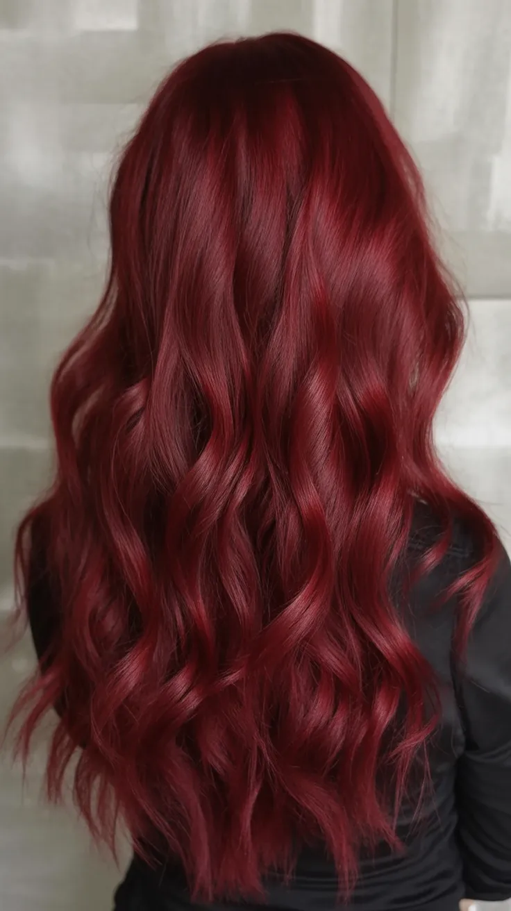 Deep berry red wavy hair, back view