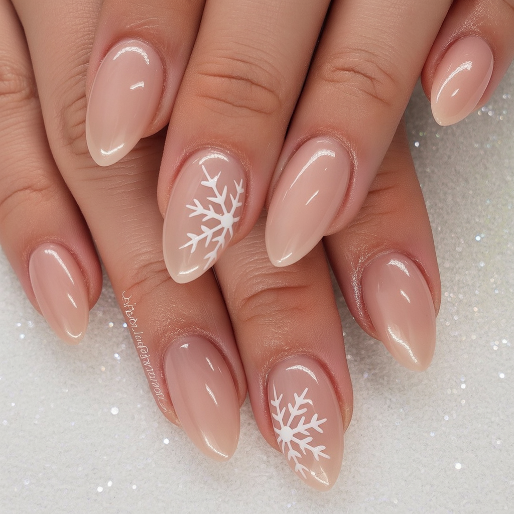Nude manicure with delicate white snowflake decals