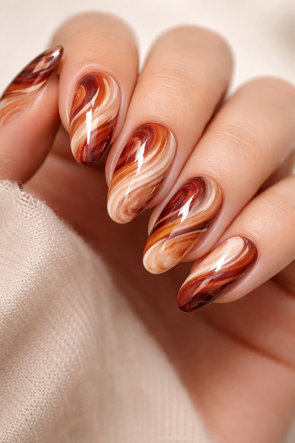 Almond nails with glossy caramel, brown and cream marble swirls