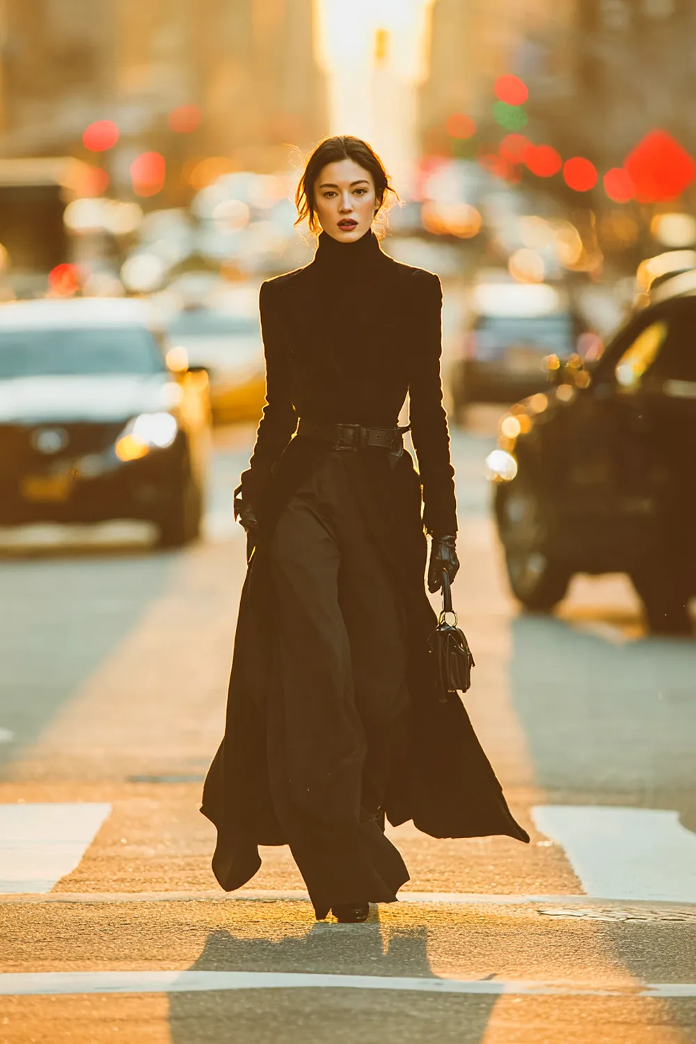 Woman in an all-black turtleneck outfit with a belted long black coat and gloves