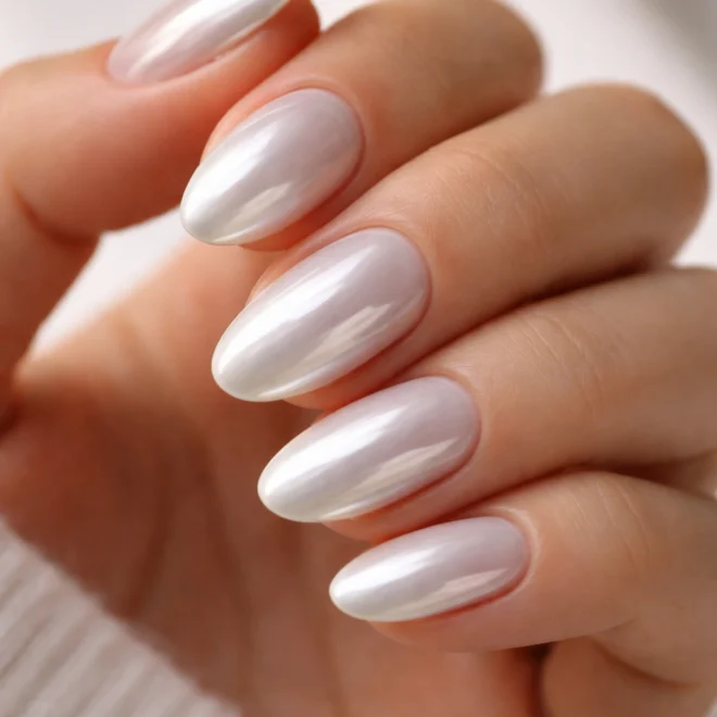 Milky white chrome almond nails
