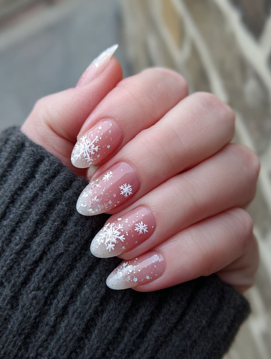White Glitter Snow: snowy white glitter on almond nails