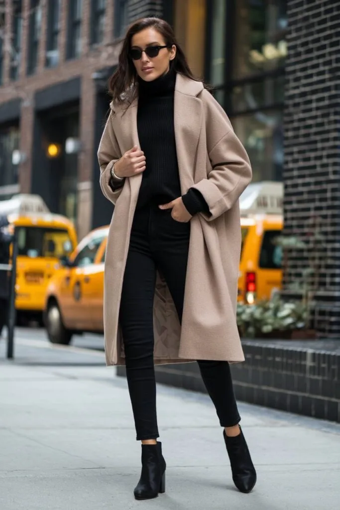 Woman wearing an oversized camel wool coat, black turtleneck and black jeans with ankle boots in a winter street style look