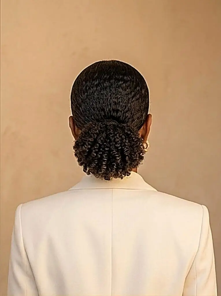 High curly bun updo with soft curled tendrils around the face